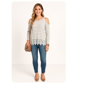 WALLFLOWER Grey White Stripe Cold Shoulder Top Size Small